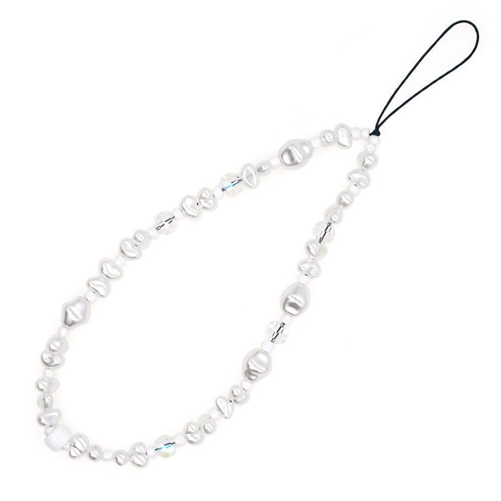 WCCH Beaded Phone Charm Y2K Kawaii Handmade Acrylic Phone Lanyard Wrist Strap for Camera Bag Airpods Keychain Charm Gold and White Pearls — view 18
