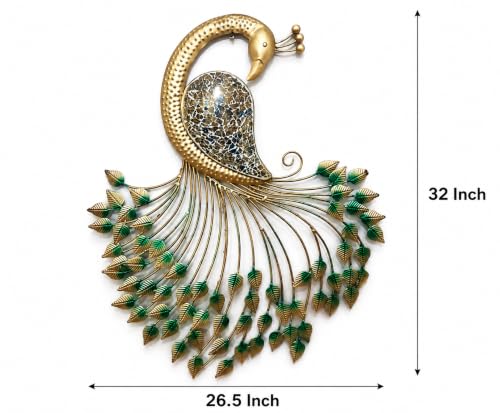 Image of Metal Handcrafted Peacock Wall Decor with LED Light, Home Decor, Wall Decor, Diwali Gift, Corporate Gift, Home Temple,Size : 32 * 26.5 * 3 inch