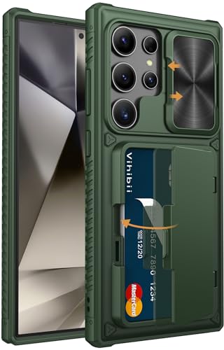 Image of Vihibii PC For Samsung Galaxy S24 Ultra Back Cover With Card Holder (4 Cards) & Slide Camera & Kickstand, Shockproof Case For Samsung S24 Ultra, Green