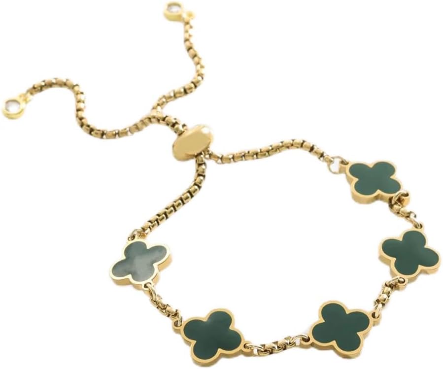 Mint & Lily Clover Enamel Bracelet for Women – 18k Gold Plated Over Stainless Steel with 9” Adjustable Box Chain
