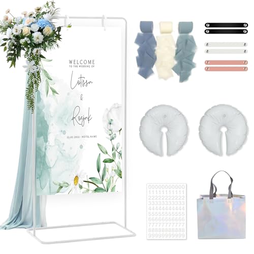 Wedding Welcome Sign Stand, Adjustable White Welcome to our Wedding Sign Holder Metal Easel with Design Bundle, Leather Hanging Straps, Water Bag and Ribbon, Party Poster Display