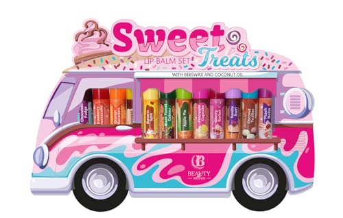 Beauty4Britain Kids Lip Balm Set Sweet Treats - 12 Different Dessert Flavours, Beeswax & Coconut Oil, Colourless, for Girls and Boys