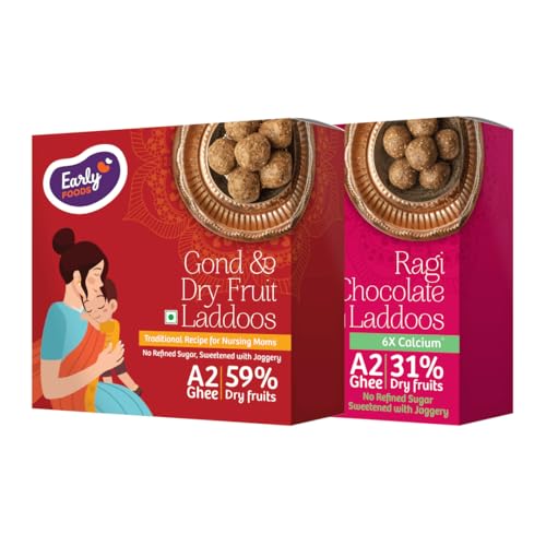 Image of Early Foods Assorted Pack of 2: A2 Ghee Ragi Chocolate & Gond Laddu with Jaggery | Gond Ke Laddu | Pregnancy Laddoo | postpartum ladoo | Sugar Free