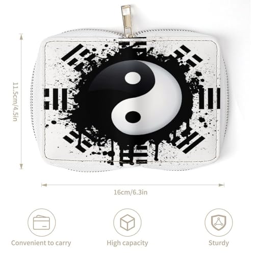 Women Leather Coin wallet, Key Change Organizer Zipper Card Holder Purse Clutch Pouch Pocket 4.5x3.15 in Print Yin Yang Circular on White3