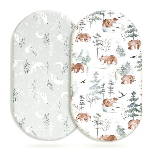 Image of Stretchy Bassinet Mattress Sheets, Ultra Soft Bassinet Sheet 2 Pack, Universal Fitted for Oval Hourglass Rectangular Bassinet Mattress Pad Safe and Snug, Stylish Pattren of Bear and Wolf Print