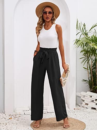 Heymoments Wide Leg Women Pants Casul Lightweiht Waisted Adjustable Tie Knot Loose Comfy Flowy Casual Black Large Trousers with Pockets - 3