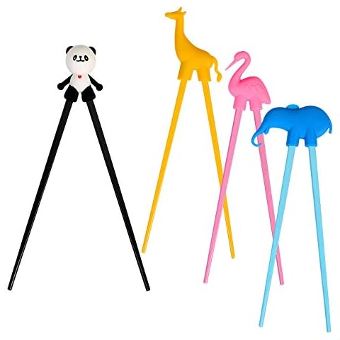 LANMOK 4 Paare Training Essstäbchen, Japanische Geschirr Set Tiere Lernen Stäbchen für Erwachsene Anfänger Kinder Senioren Chopsticks- Panda Flamingo Giraffe Elefant Cover