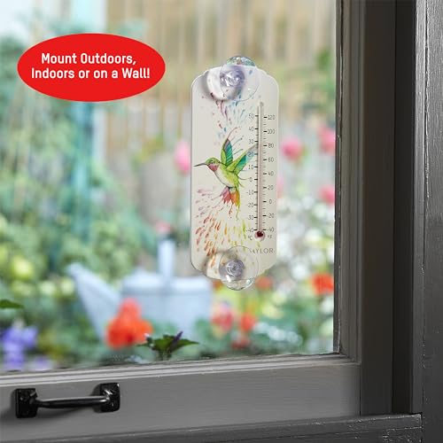Image of Taylor Rainbow Hummingbird Indoor Outdoor Suction Cup Thermometer, Decor for Patio, Pool, or Garage, Window Thermometer, 8-inch, Multi
