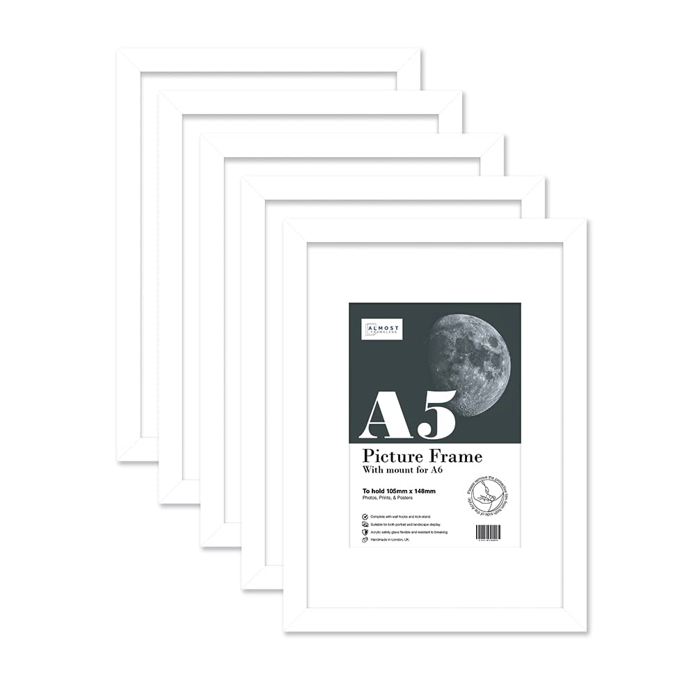 Almost Frameless A5 White Picture Frame Set of 5, Display A6 Pictures with Mount or A5 Without Mount Gallery Wall, Poster, Photo, Artwork, or Print, White