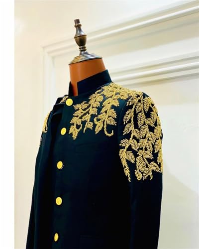 African 3 Pieces Suit Gold Embroidered Beaded Tuxedo Set Slim Fit Prom Party Jacket Pants with Detachable Cape3