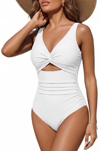 Image of Tempt Me Women One Piece Swimsuits Tummy Control Cutout Bathing Suits Ruched V Neck Twist Front Swimwear