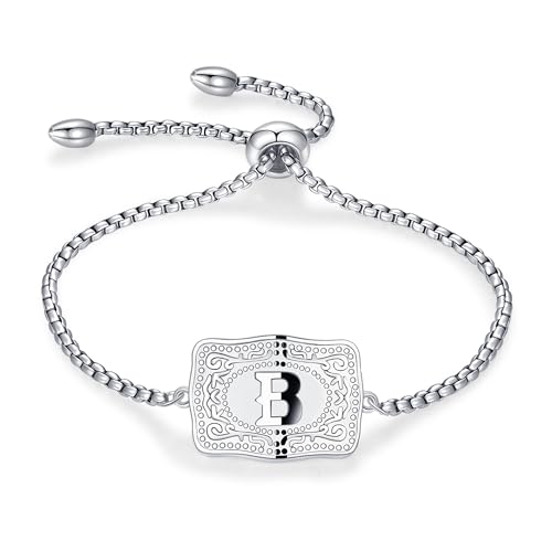 Kwkppz Belt Buckle Initial Bracelet for Women 18K Gold/Silver Plated Belt Buckle Initial A-Z Bracelet Unique Western Style Jewelry Gifts for Women Men (B)