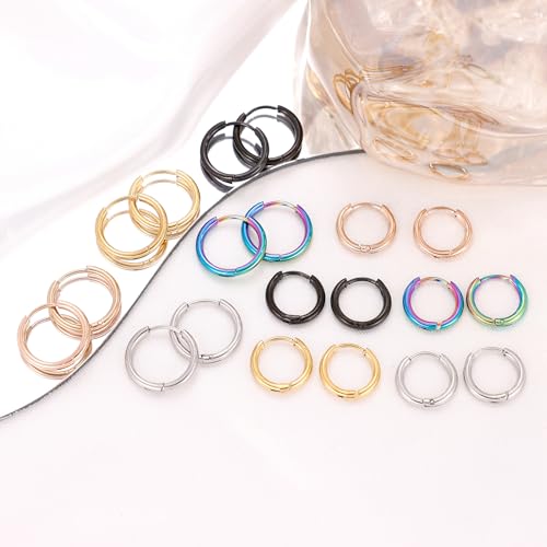 REVOLIA 10 Pairs 20G Surgical Steel Huggie Hoop Earrings for Women Men Hypoallergenic Cartilage Helix Hoop Earrings Lobes Hinged Sleeper Earrings Hoops 6-14mm 8+10MM
