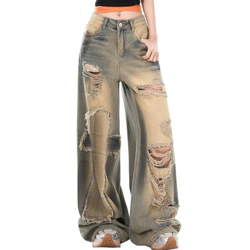 Harajuku High Waisted Straight Leg Jeans Y2K Gothic Vintage Patchwork Fringe Ripped Baggy Denim Pants