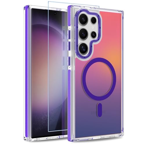 Image of Magnetic Case for Samsung Galaxy S23 Ultra [Compatible with Magsafe] [Cute Fashion Fluorescent Design] [1 Screen Protector] Slim Translucent Matte Case for Galaxy S23 Ultra 6.8 inch, Purple