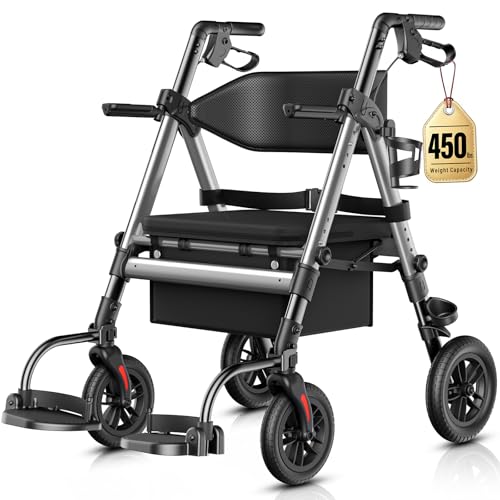 Heavy Duty Walkers for Seniors 2 in 1 Rollator Wheelchair Combo | 450 lb Capacity 10 All-Terrain Wheels Adjustable Seat & Handle Foldable Transport Chair with Seat Red product thumbnail 11