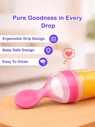 Image of Kidbea Silicone Baby Spoon Feeder Bottle 90ml | Squeeze Food Feeder for 3+ Months | BPA Free Baby Food Dispensing Spoon for Pure Cereal | Leak Proof Travel Feeding Bottle for Infants & Toddlers (Pink)