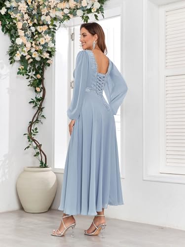Women's Tea Length Mother of The Bride Dresses Long Sleeves V Neck Flowy Chiffon A Line Formal Evening Gown3