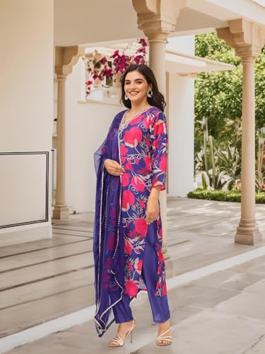 Image of ishin Women Floral printed staight kurta with pants and dupatta
