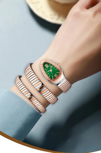Image of Shocknshop Analog White Dial Diamond-Embellished Snake Spiral Bracelet Watch for Women -WCH166