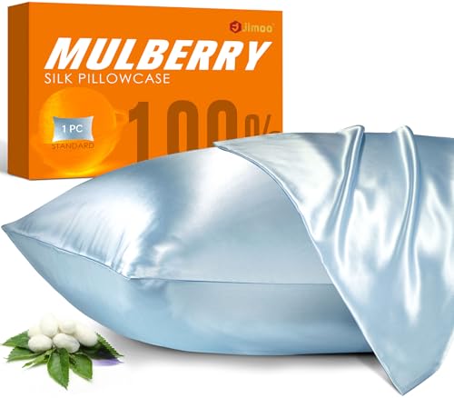 100% Mulberry Silk Pillowcase for Hair and Skin, 22 Momme Pure Natural Silk Pillow Case Both Sided with Zipper, Pillow Cover for Women Mom Men (Light Blue, Queen 20''×30'')