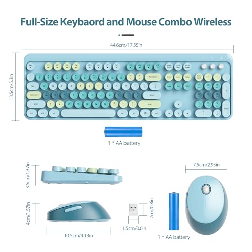 Image of Fogruaden Blue Keyboard and Mouse Wireless, Retro Typewriter Keyboard, 2.4GHz 104 Keys Full Size Cute Keyboard with Number Pad, Blue Colorful Keyboard with Retro Round Keycaps for Windows PC Laptop