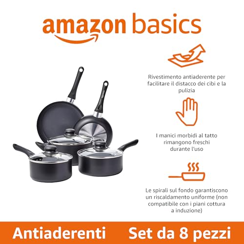 Amazon Basics Batteria da cucina, 8 pezzi con rivestimento antiaderente, Nero - Immagine 1