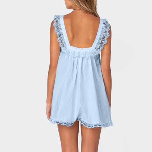 Image of Women Y2K Babydoll Mini Dress Cute Bow Lace Trim Pleated Ruffle Short Sundress Casual Party Vacation One Pieces