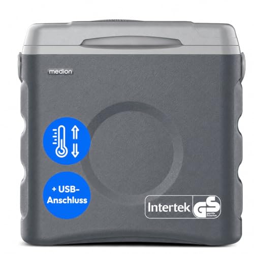 MEDION Thermoelektrische tragbare Kühlbox (35 Liter Brutto Kühl- und Warmhaltefunktion 12V Zigarettenanzünder 230V Netzanschluss USB 5V - Stromversorgung für Auto Boot und Camping MD370030) grau