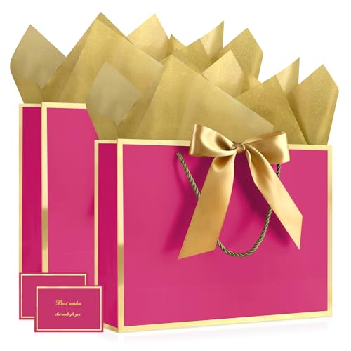 Image of JMANNI Gift Bags with Handles, 13 inch Medium Gift Bags with Tissue Paper | 2 Pcs Rose Red Bags, 4 Tissue Paper and 2 Cards, for Baby Shower, Wedding Bridal Shower, Birthday Party