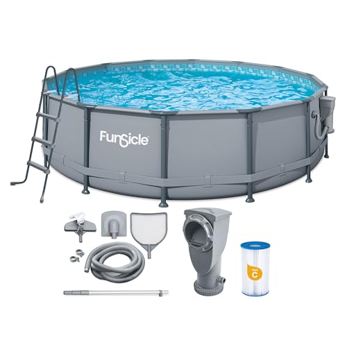 Funsicle Oasis 14 x 42 Round Above Ground Swimming Pool Includes FiltraBoost 1200 GPH Filter Pump with AutoSkimmer Ladder Cover Ground Cloth Type C Filter Cartridge & Repair Patch Cool Gray