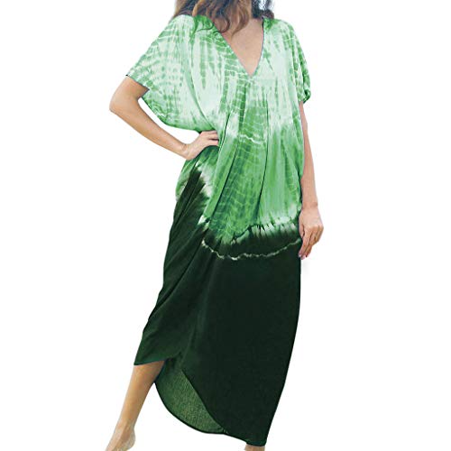 pitashe Women's Dress V-Neck Gradient Color Short Sleeve Midi Dress Loose Baggy Printed Dress Casual Summer Ladies Beach Dress Sundress Green