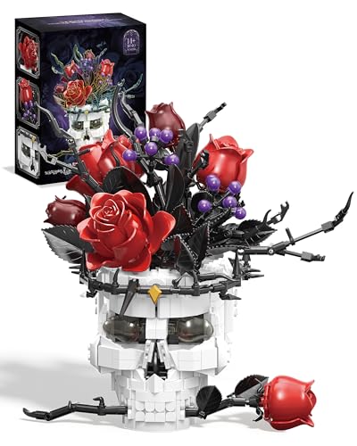 Kit de Construction Crâne Gothique avec Rose – Décoration Esthétique pour Adultes, Centre de Table Style Dark Academia, Compatible avec Fleurs Lego & Sets Horreur,...