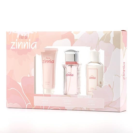 ZINNIA - Flor de Zinnia Colonia 100 ml + Crema de Cuerpo 100 ml + Crema de Manos 75 ml, Estuche de Regalo Mujer, Eau de Toilette Femenina, Aroma Dulce Afrutado, Fragancia Fresca de Larga Duración