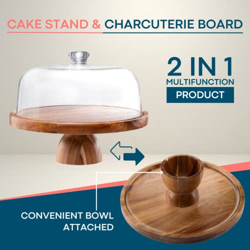 Homesphere Cake Stand With Acrylic Lid, Acacia Wood Base, Acrylic Dome, Multifunctional 2 In 1 Use, Charcuterie Board, Cheese Board, Serving Platter For Cakes, Pastries, Muffins, Desserts #TOP6
