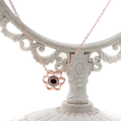 100 Languages I Love You Necklace Inlaid Round Cubic Zirconia Flower Design Projection Pendant Necklace Cute Birthday Gifts for Women3