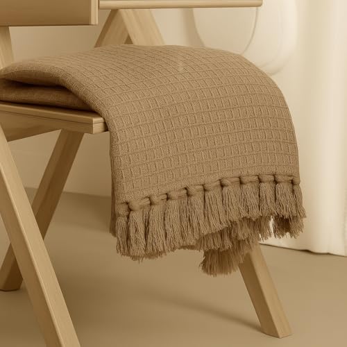 Image of Furnistitchs Bohemian Cotton Sofa Throw Blanket 50x60 inches | Waffle Knit & Chevron Pattern with Fringes | Aesthetic Decorative Couch Throw for Living Room & Bedroom (Light Brown)