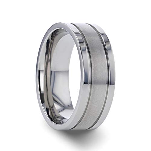 Eternal Tungsten Timore Men's Titanium Wedding Band Flat Polished Edge Ring with Offset Grooves & Satin Center - 8 mm