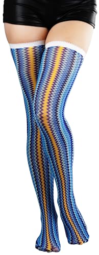ToBeInStyle Women's Spandex Blue-Orange Mixed Zig Zag Design Thigh Hi Hosiery4