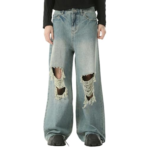 Men's Mid-Rise Jeans Vintage Ripped Raw Edge Loose Fit Wide Leg Straight Casual Denim Pants with Pockets