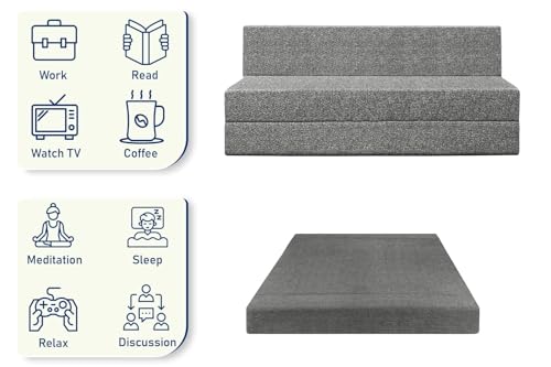Image of Foldable Three Seater Sofa Cum Bed, Sofa Bed 5X6 Feet, Jute Fabric- Washable Cover- Including 3 Printed Cushion Perfect for Home & Office - Grey