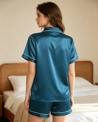 Image of 3 Piece Silk Satin Pajama Set for Women Soft Short Sleeve Button Down Pjs with Shorts Long Pants Sleepwear S-XXXL
