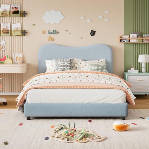 GarveeHome Full Size Bed Frame for Kids with Velvet Upholstered Headboard, Cute Low Profile Platform Bed for Girls and Boys, No Box Spring Needed, Strong Wooden Slats, Noise Free, Easy Assembly, Blue