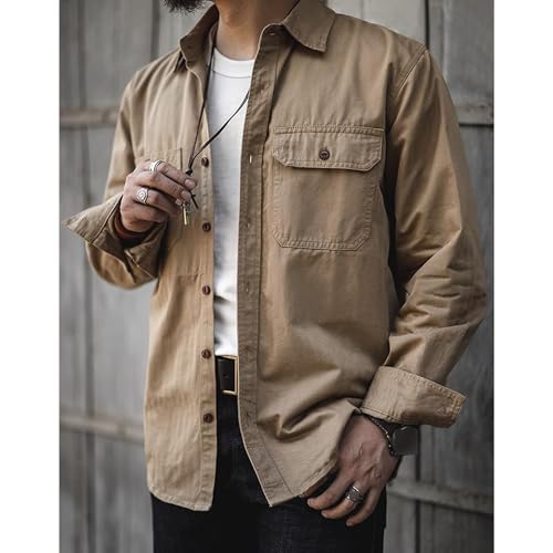 Men Business Dress Shirts Long Sleeve Button Down Casual Shirt Jacket Retro Outerwear Casual Tops with Pockets2