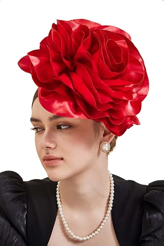 Gionforsy Flower Fascinators Hat Tea Party Hats for Women Rose Fascinators for Wedding (US, Alpha, One Size, Red)