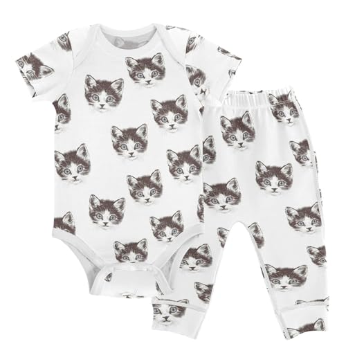vvfelixl Retro Style Kitten Baby Layette Sets,Baby Bodysuits Set Unisex Short Sleeve Babys Pants Sets 9-12M