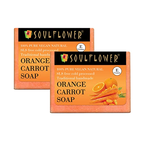 Image of Soulflower Orange Carrot Handmade Soap 100% Natural, Cold-Processed Bath Bar with Essential Oils for Brightening Skin Tone, 150g (Pack of 2)