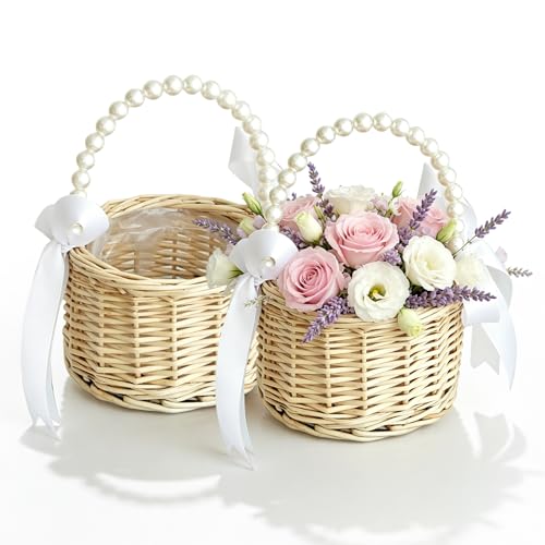 Petites Corbeilles Osier Avec Anse: Lot De 2 Paniers En Rotin Avec Anses, Panier Osier Mariage, Panier De Dispersion De Mariage Avec Anse En Perle Nœud En Ruban Pour Mariage Et Fête