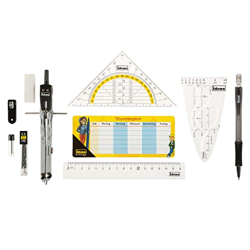 Idena 20066 - Zirkel im Etui, 11-teilig, mit Geodreieck, Lineal, Ersatzminen für den Zirkel, Druckbleistift & Ersatzminen, Stundenplan, Radiergummi & Spitzer