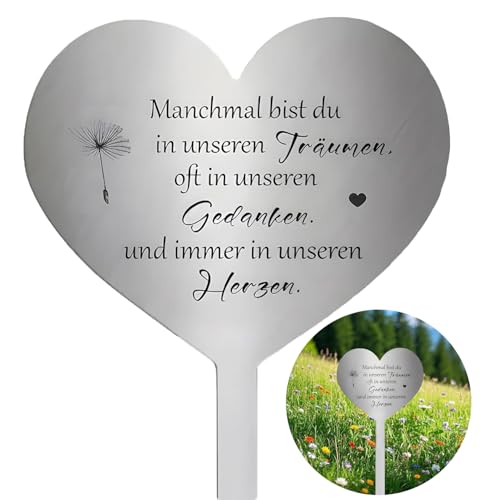 Grabstecker Metall Herz mit Spruch "Manchmal Bist du in Unseren Träumen, Oft in Unseren Gedanken und Immer in Unseren Herzen" | Wetterfester Grabschmuck | Grabdekoration Dekoherz für Andenken & Trauer